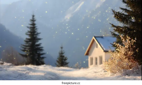 Winter Wonderland Snow Scene with Cozy Cabin