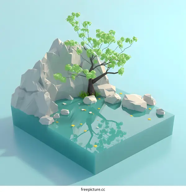 Low Poly Tree With Rocks And Water Illustration