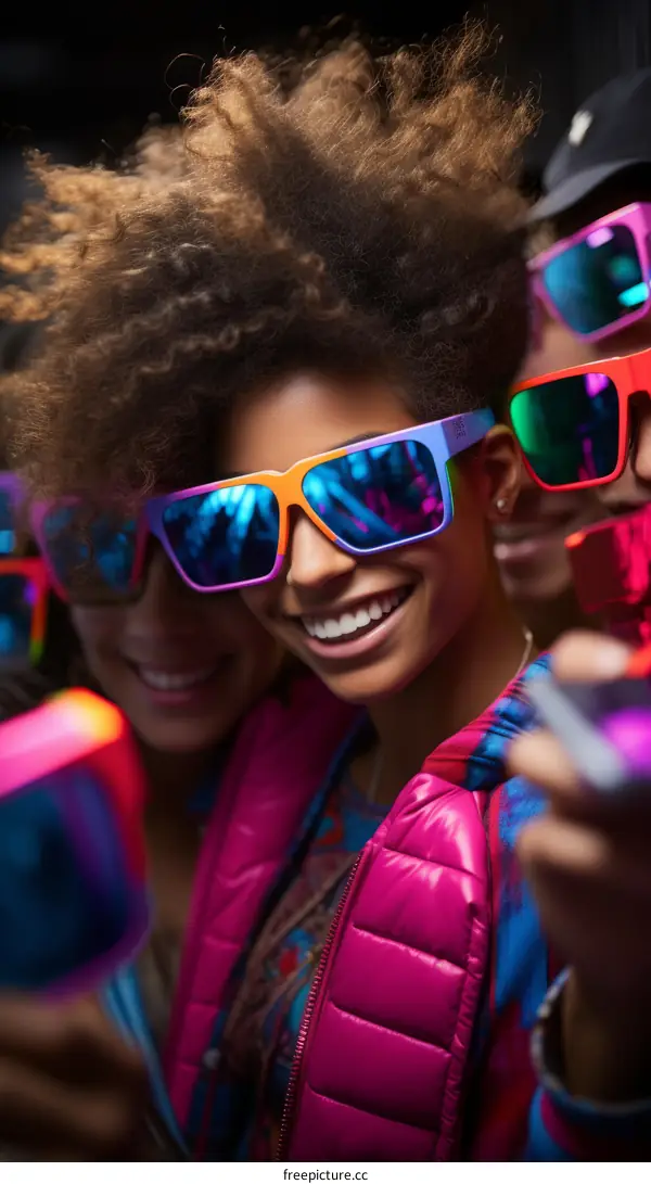 Portrait of a young woman with curly hair wearing sunglasses with a group of friends in the background