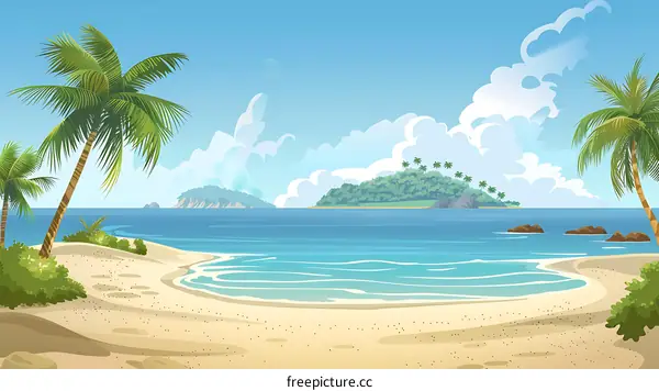 Beautiful Illustration of a Tropical Beach with Palm Trees