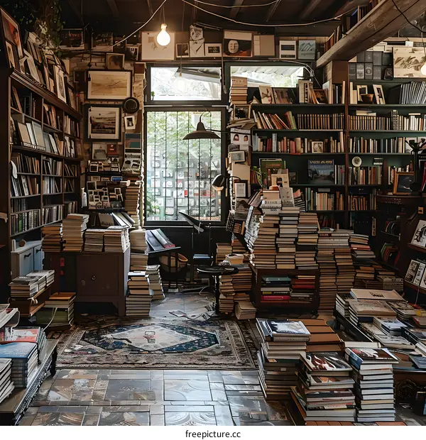 A large room filled with bookshelves and stacks of books.