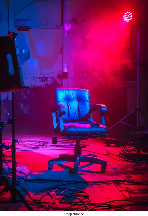 Blue Office Chair in a Dark Room with Pink and Blue Lighting