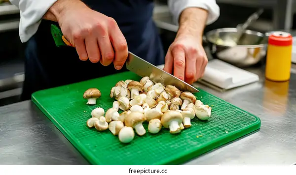 Chef Chopping Mushrooms in a Commercial Kitchen