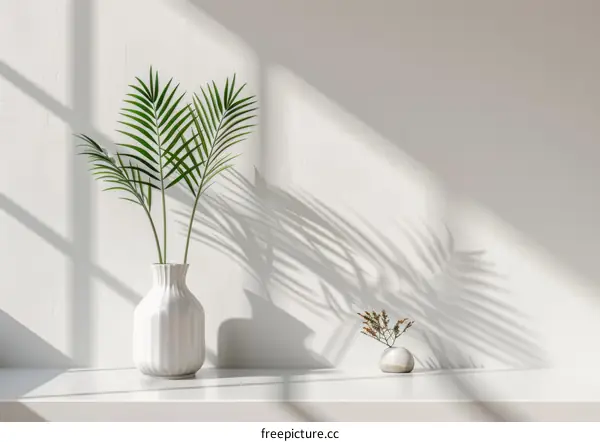 Elegant home decor with white vase and potted palm leaves