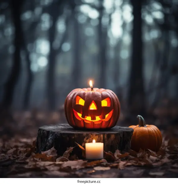 Spooky Halloween Pumpkin in the Woods