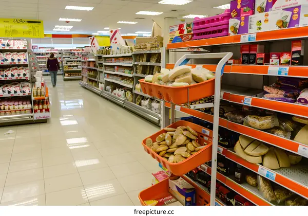 Grocery Store Interior With Shelves Full Of Food