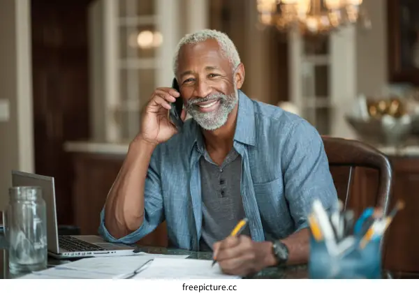 Smiling African American Senior Man on a Phone Call