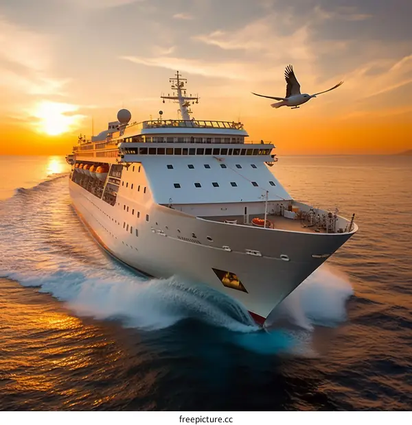 A large cruise ship sails through the ocean at sunset with a bird flying overhead