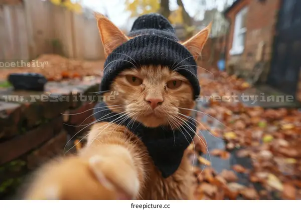 A ginger cat wearing a black beanie