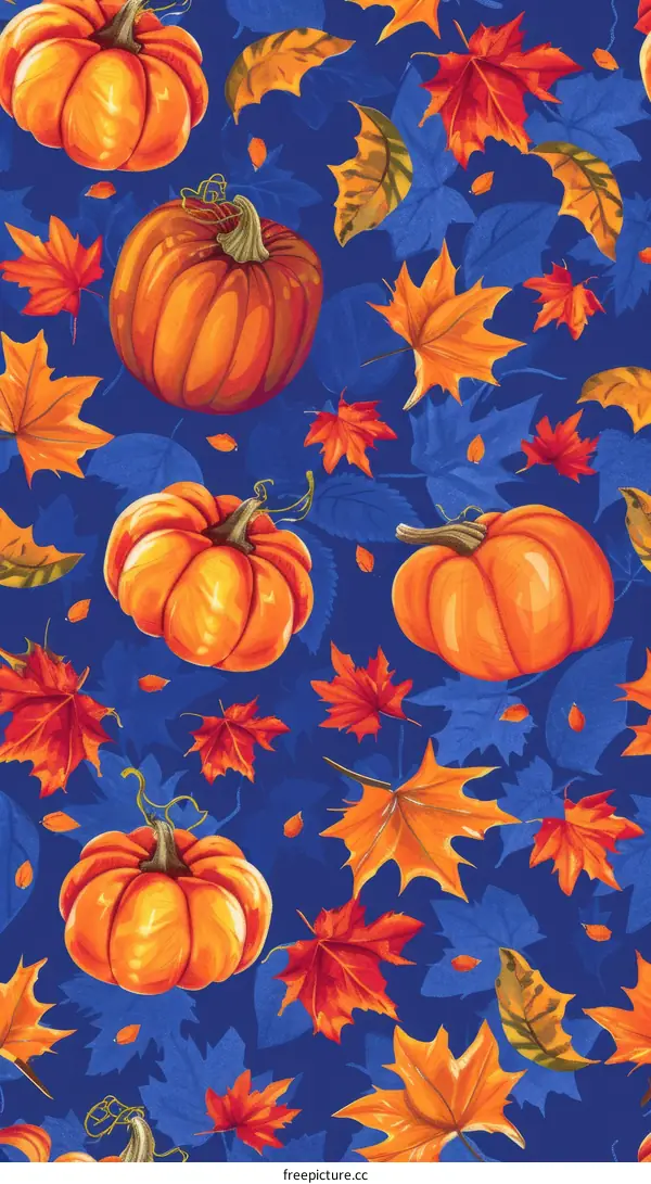 Autumn seamless pattern with pumpkins and leaves