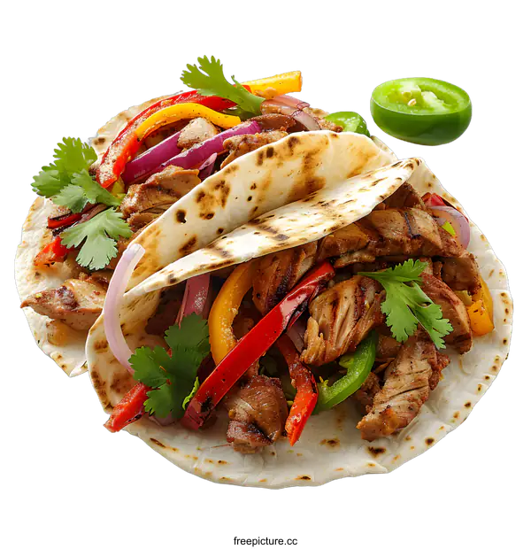 [Transparent Background PNG]Two pork tacos with peppers and onions