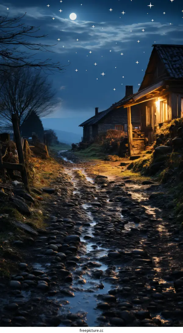 A cobblestone path winds through a moonlit village