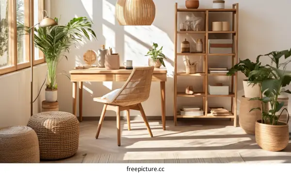 Stylish Home Office with Natural Wood Desk and Plants