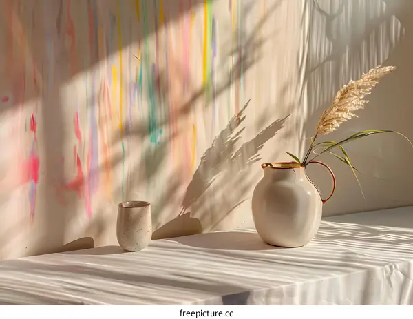 White Pitcher and Cup with Dried Grass on Table in Sunlight
