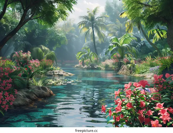 Captivating Tropical Oasis: Serene River Amidst Lush Jungle