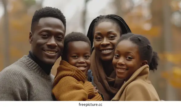 Happy African American family of four in autumn