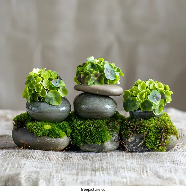 Green Plants Growing on Stacked Stones with Moss