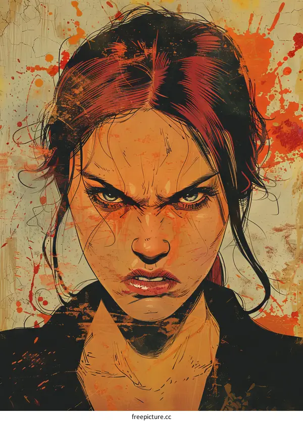 Illustration of a woman with red hair and a stern expression