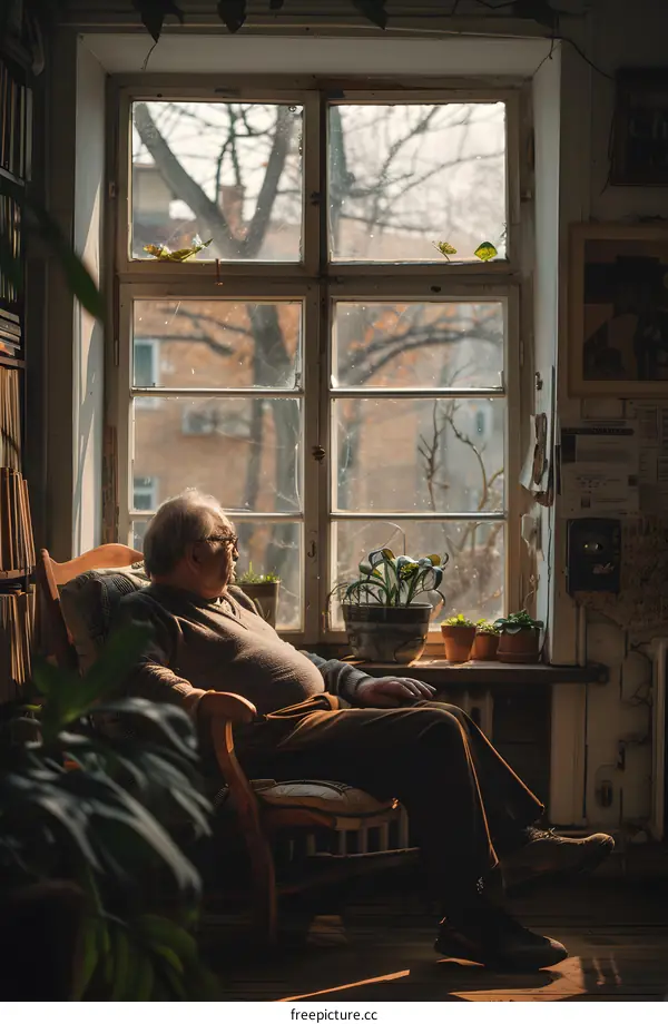An old man sits in a chair in front of a window