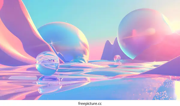 Abstract Pink and Blue Dreamy Landscape with Spheres