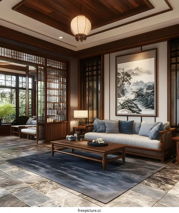 Traditional Chinese Interior Design Living Room With Wooden Furniture