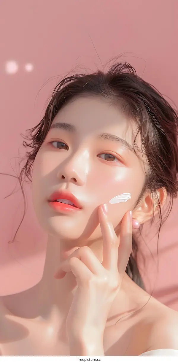 Beautiful Asian Woman Applying Skincare Cream