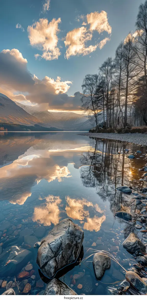 Stunning reflection of clouds and mountains in a calm lake