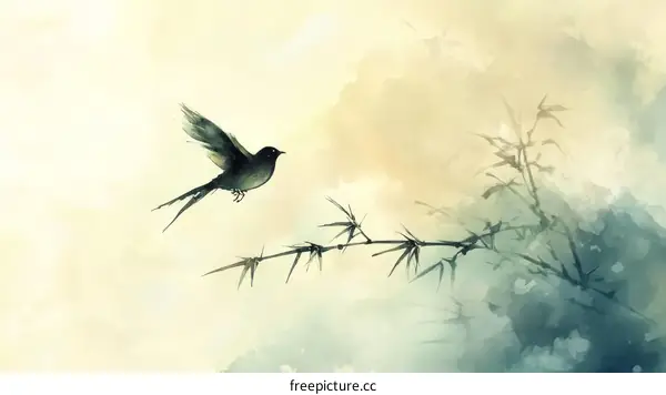 A Bird in Flight Against a Bamboo Branch in Watercolor Style