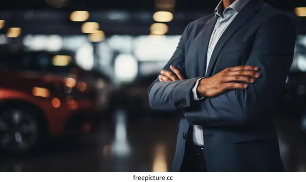 Businessman standing with arms crossed in car dealership