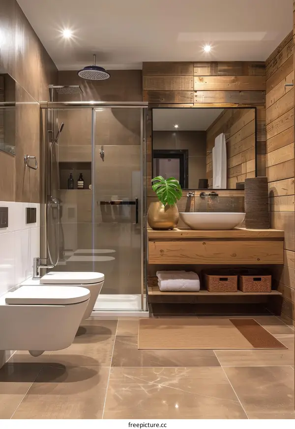 Modern Wooden Bathroom Design with Double Sinks