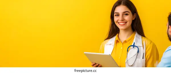 Smiling Female Doctor Holding a Tablet Computer