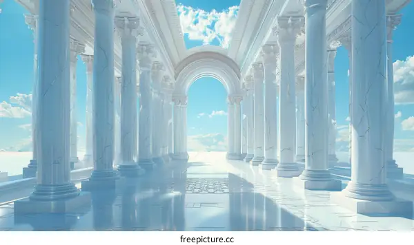 Neoclassical Corridor with Marble Columns and Blue Sky