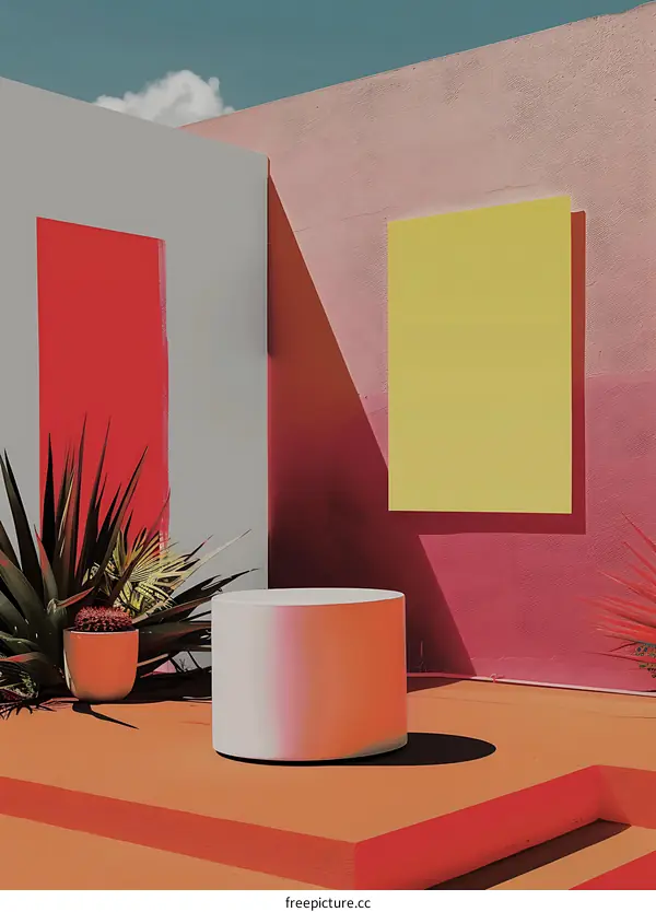 Minimalist Abstract Geometric Shapes With White Cylinder and Plants