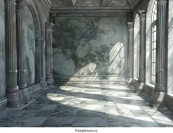 Ornate Empty Grand Hall Interior with Marble Floor and Columns