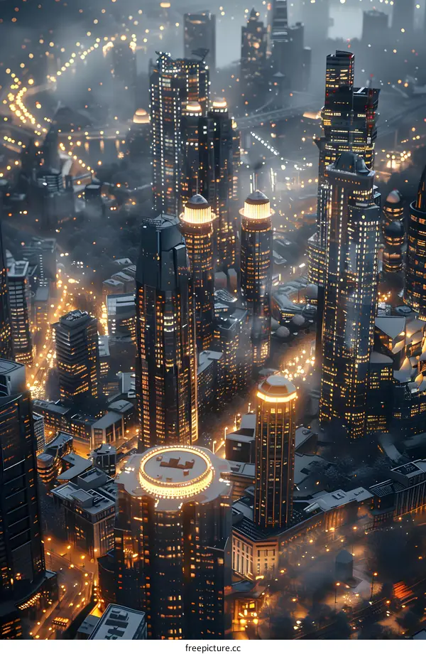 A bustling cityscape with skyscrapers and city lights at night