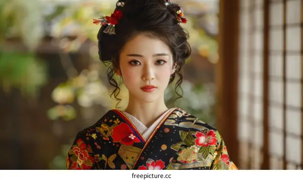 Portrait of a beautiful Japanese woman in traditional kimono