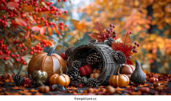 Thanksgiving cornucopia centerpiece with pumpkins and gourds