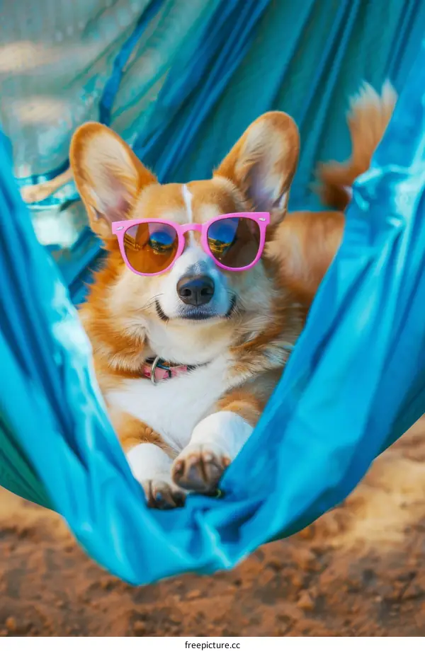 A cute dog wearing sunglasses is lying in a hammock