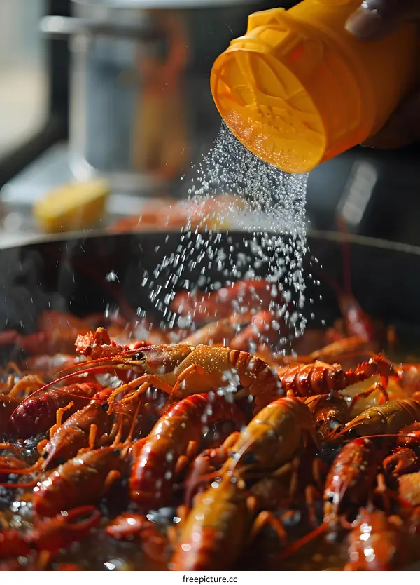 A chef is seasoning a pot of crawfish with salt