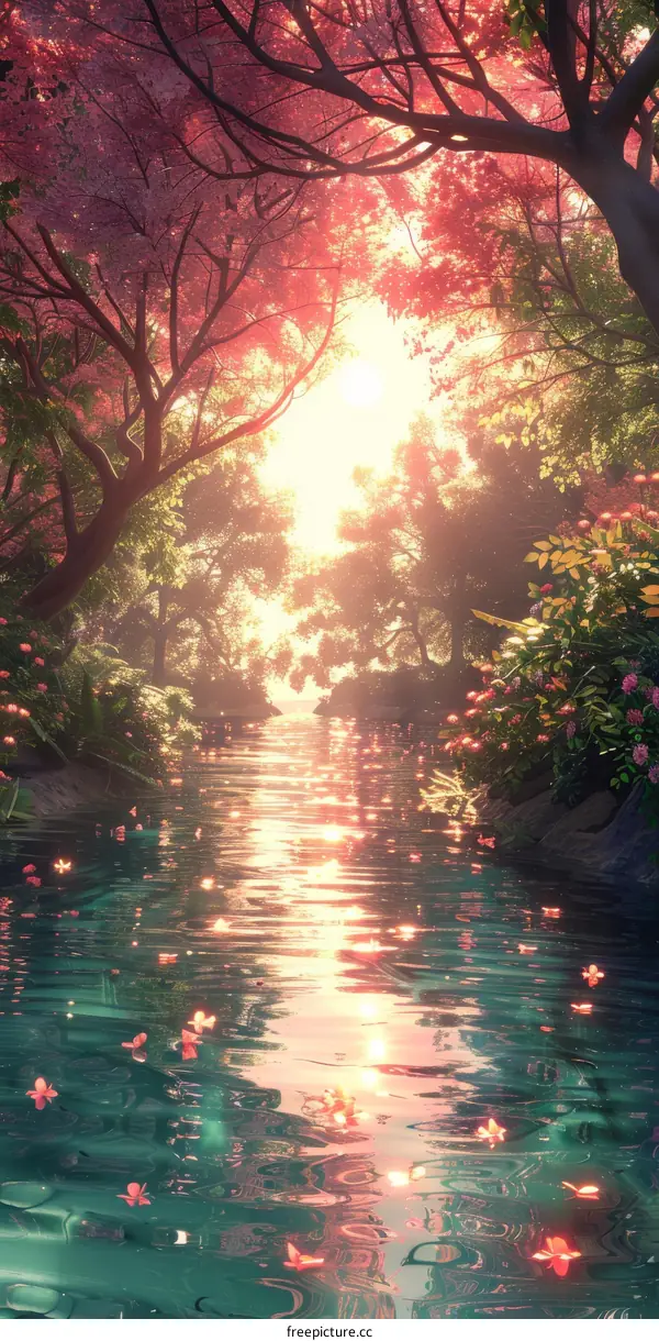 Mystical Forest River Flowing through Pink Trees and Flowers