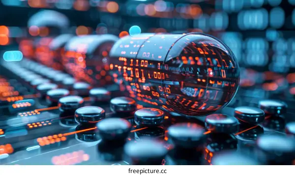 futuristic pill surrounded by glowing circuit board