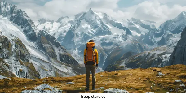 Man Standing on a Mountain with a Backpack Looking at the View