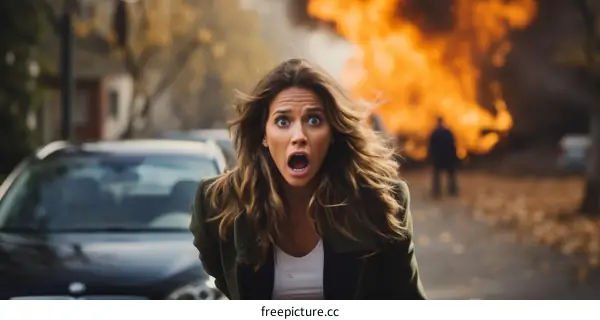 A woman screams in terror as a car explodes behind her