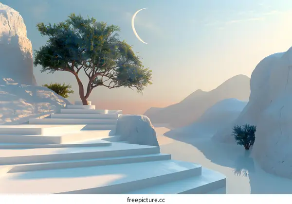 White surreal landscape with a tree and a crescent moon