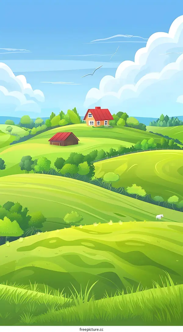 Green Hills and Houses with Blue Sky Illustration
