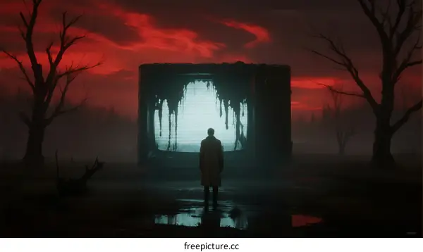 A Mysterious Figure Stands Before a Glowing, Dripping Structure at Night