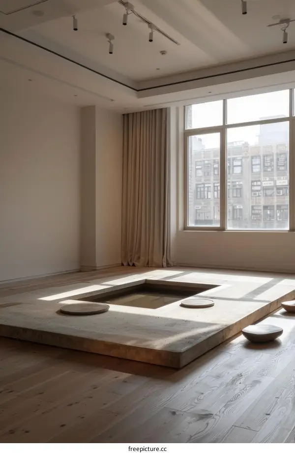 An empty room with a wooden platform and a square hole in the center