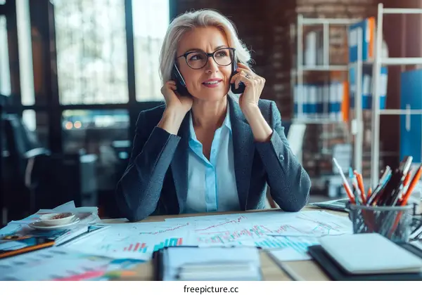 Business Woman on Phone in Busy Office