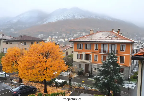 Snowy Mountain View With Autumn Trees and Orange House