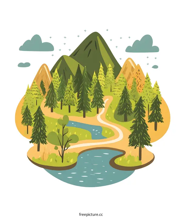 Beautiful Green Mountain Forest Landscape Illustration